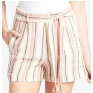 Roan + Ryan Women Size Medium Striped Cotton Gauze Tie Waist Shorts Pink Tan